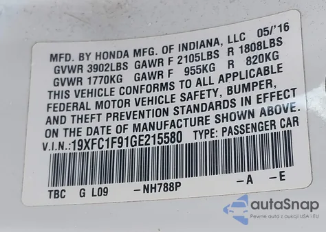 2016 Honda Civic Touring from USA, damaged, VIN 19XFC1F91GE215580